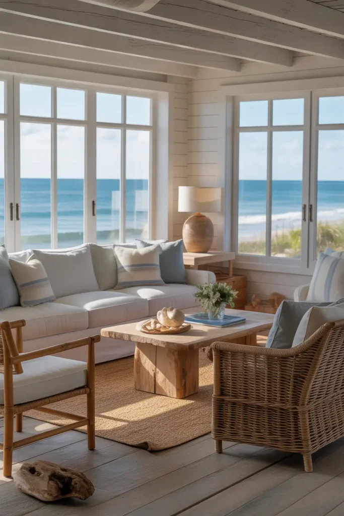 A serene beach house living room featuring natural wooden furniture, soft blues, and large windows offering an ocean view. The room should include cozy, casual furniture like a plush sofa, wicker accents, and beach-inspired decor elements like driftwood and seashells.