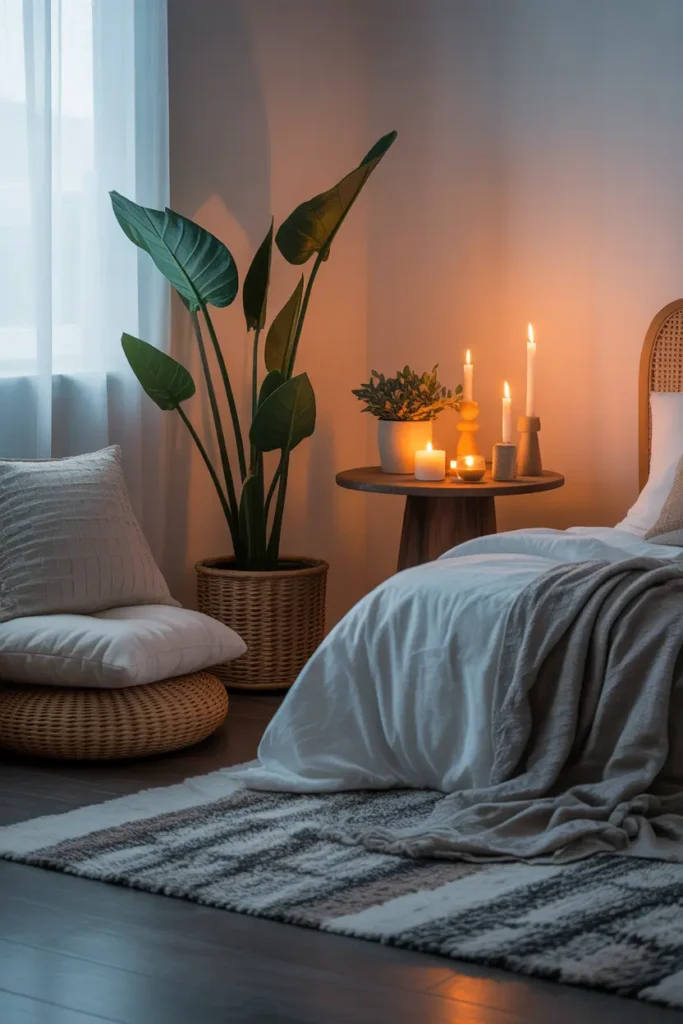 A serene bedroom corner with cushions, soft rug, and a small table with plants and candles, perfect for meditation.
