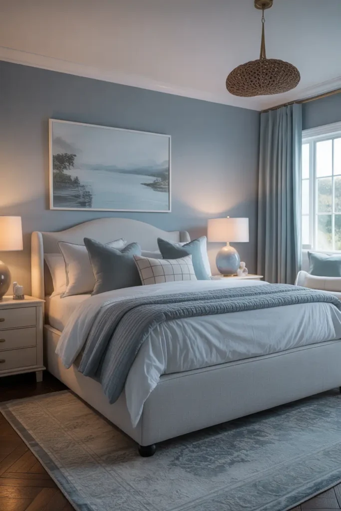 A serene master bedroom with soft blues and greys, complemented by neutral furniture and plush bedding.