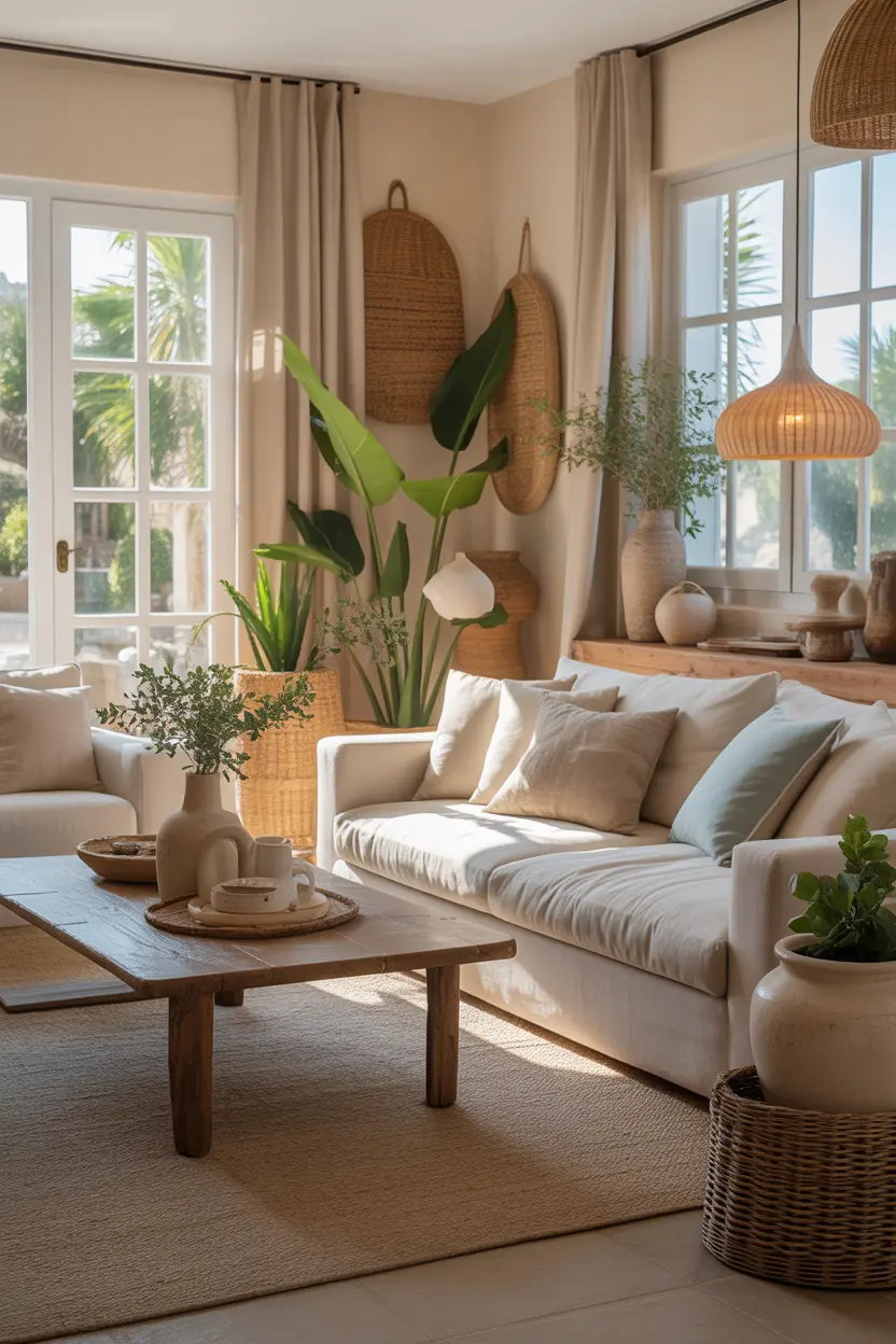 Tranquil Mediterranean living room with neutral tones, natural light, and rustic decor elements, creating a serene and cozy atmosphere.