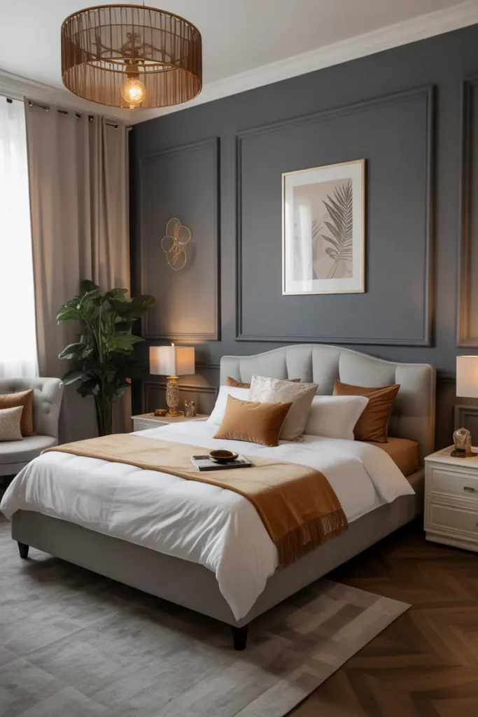 A slate gray bedroom with gold accents creates a romantic, elegant, and modern space for couples.