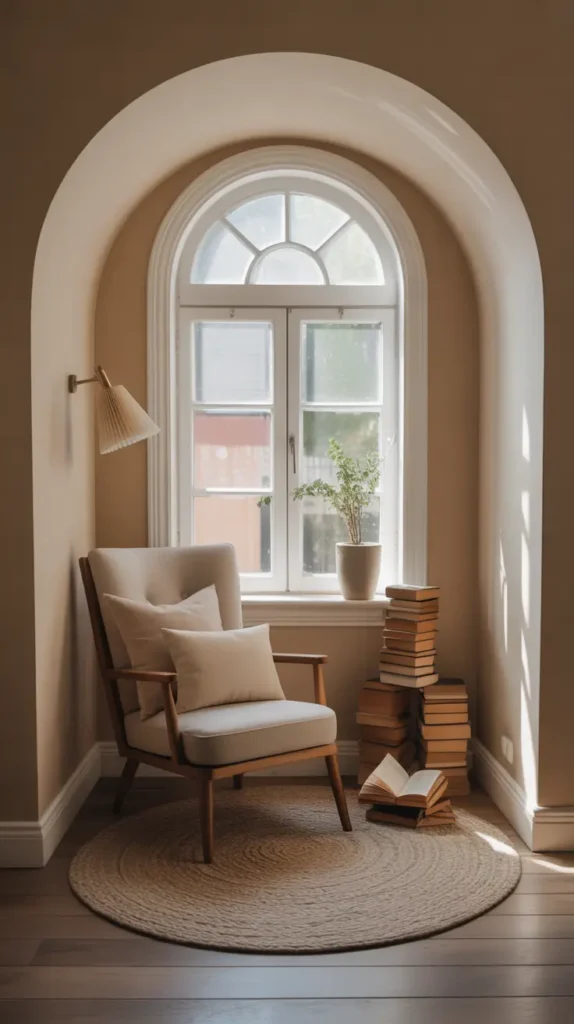 A small reading nook with a comfy chair, soft pillows, and a pile of books near a window.