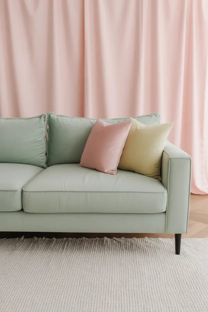 A soft mint green couch paired with pastel-colored accents such as pink and light yellow pillows.