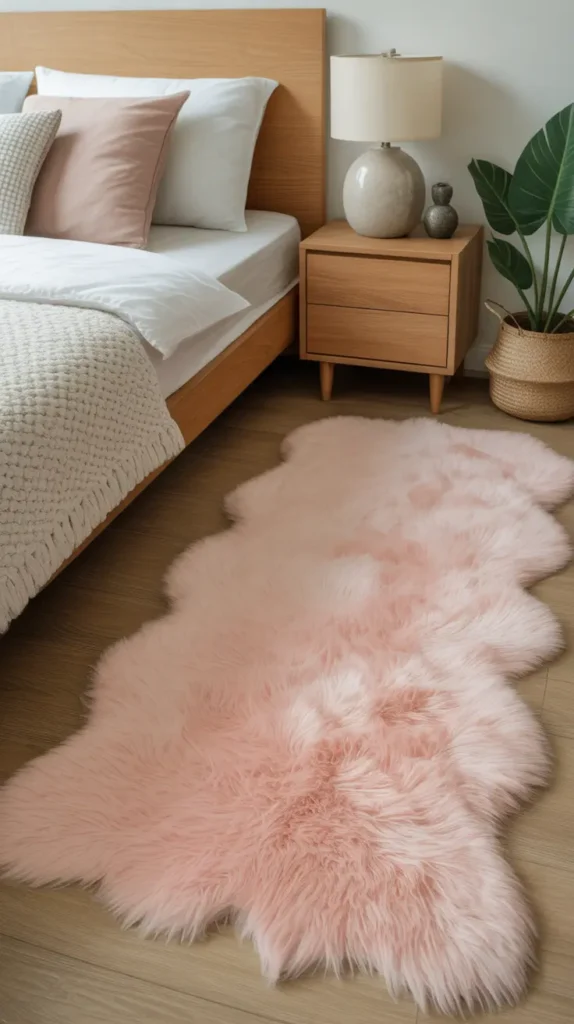A soft, plush area rug placed on the floor next to the bed, making the room feel cozy.