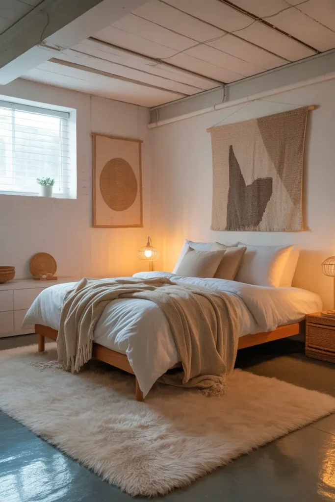 A soft rug and cozy throw blanket placed on a bed in a basement bedroom.