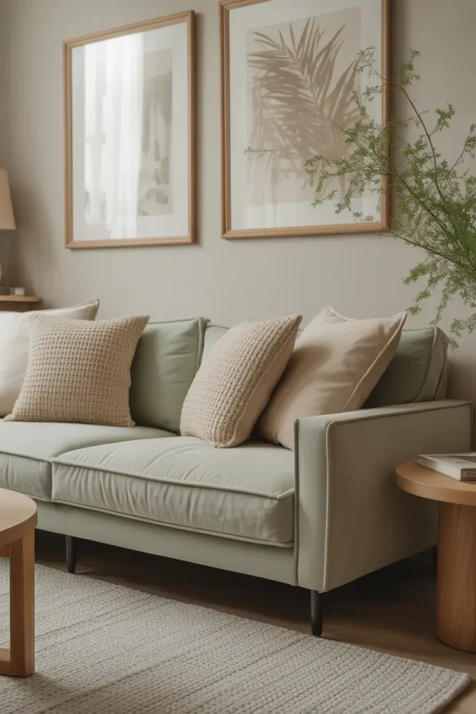 Soft sage green couch with beige throw pillows and wooden furniture, surrounded by neutral-colored textures in a cozy, stylish living room.