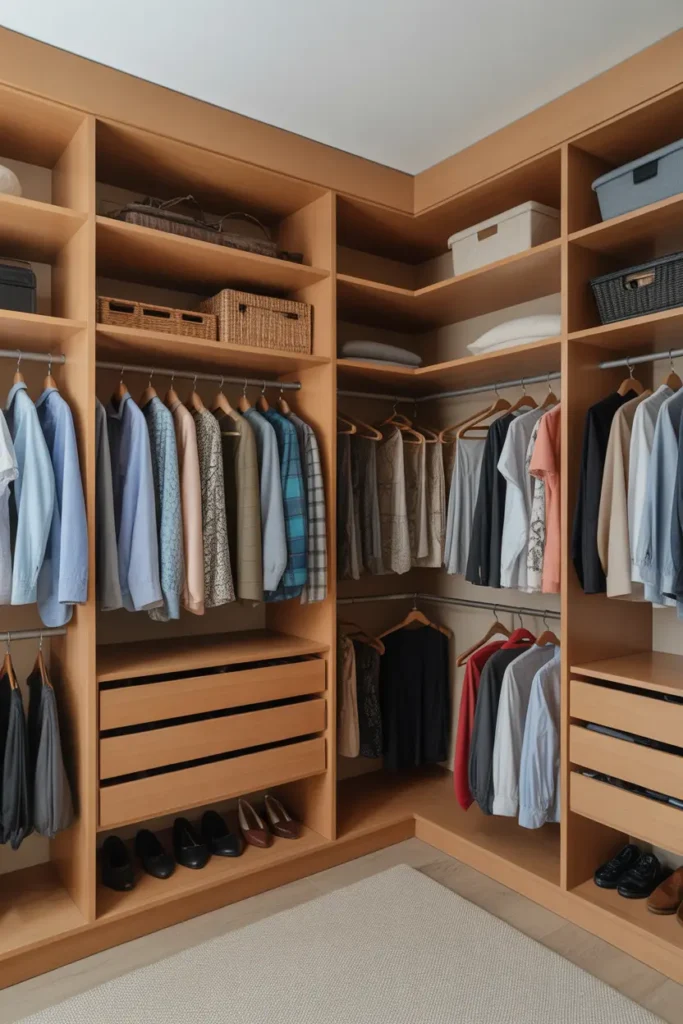 A spacious walk-in closet with custom shelving, drawers, and hanging spaces.