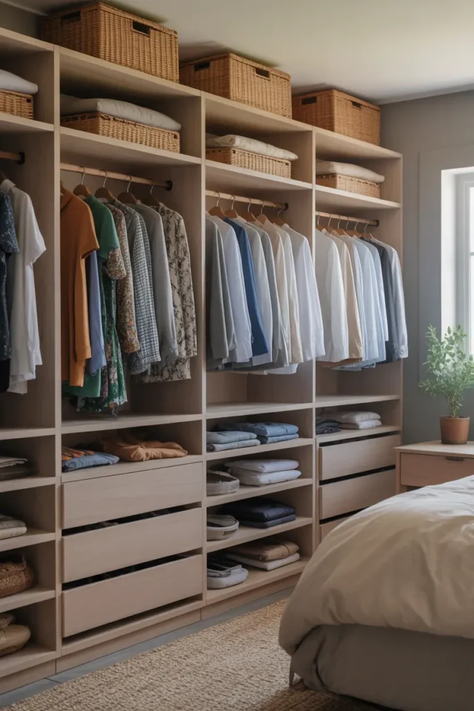 A spacious walk-in closet with shelves, hanging rods, and neatly organized clothing in a master bedroom.