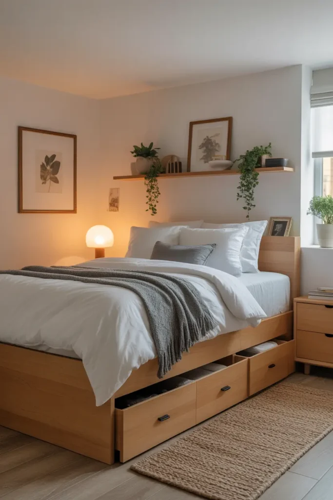 A storage bed with drawers tucked neatly under the bedframe in a basement bedroom.