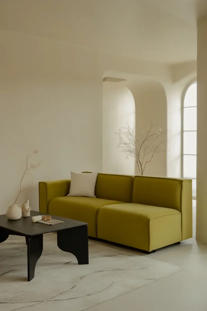 A striking lime green couch with minimalistic, white and black furniture in a well-lit living room.