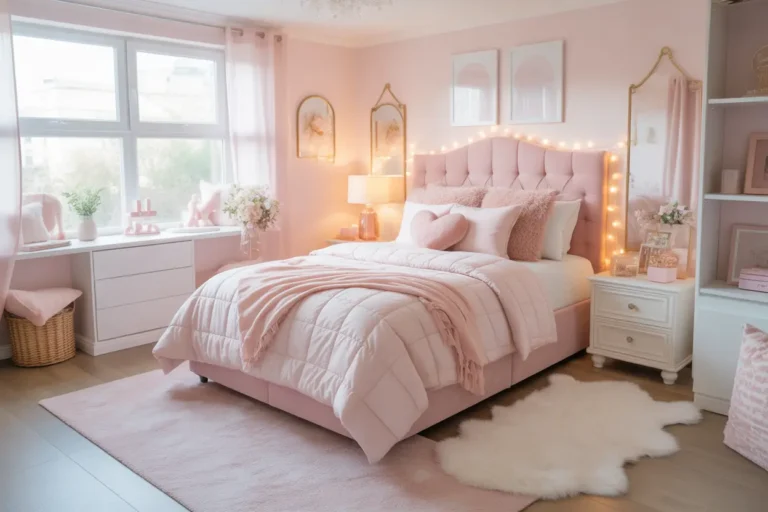 Stunning dreamy girly teen bedroom with blush pink decor, fairy lights, fluffy rug, and cute feminine styling.