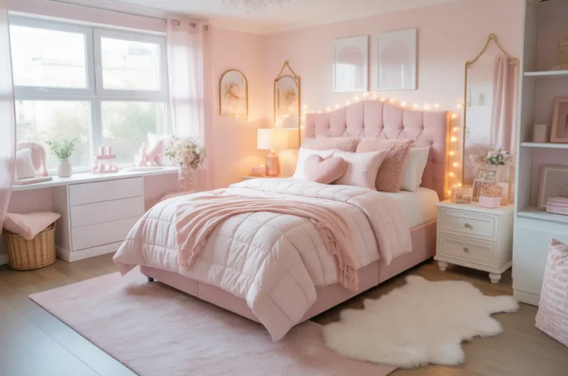 Stunning dreamy girly teen bedroom with blush pink decor, fairy lights, fluffy rug, and cute feminine styling.