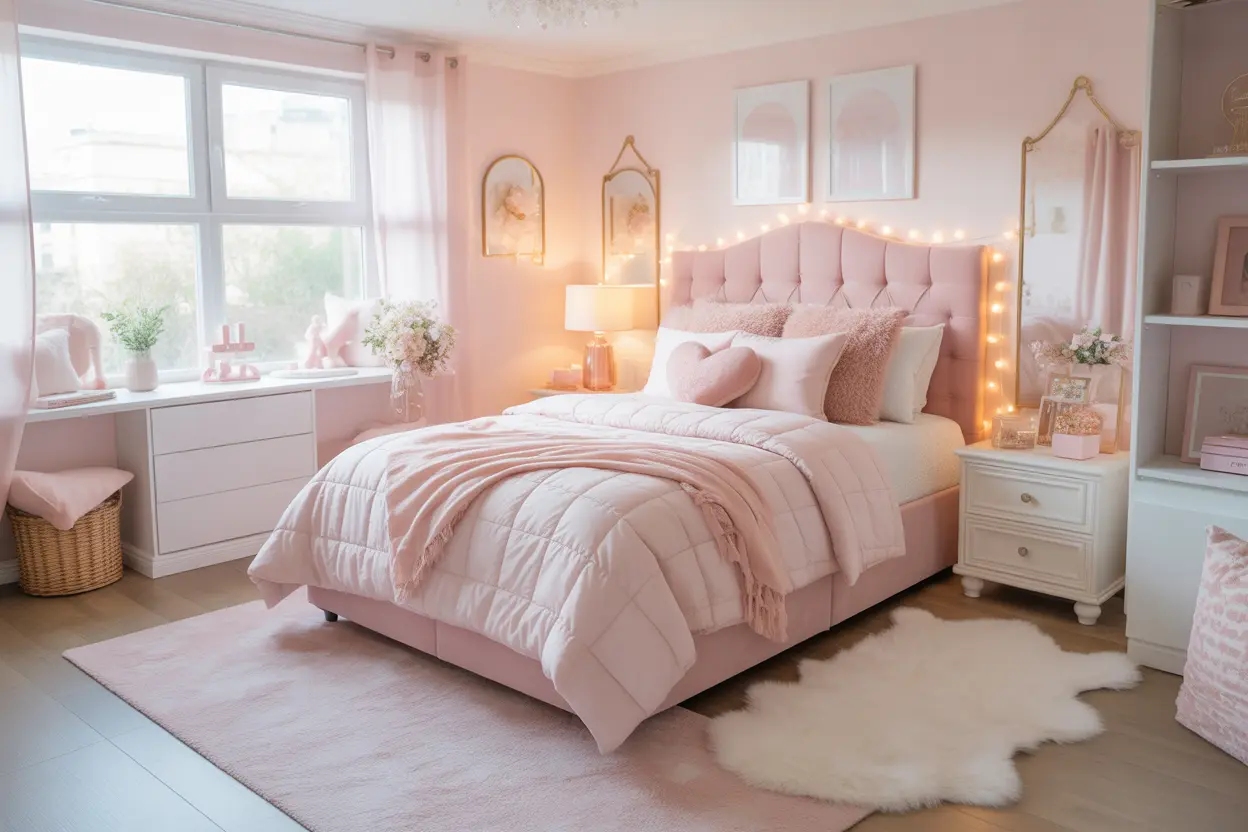 Stunning dreamy girly teen bedroom with blush pink decor, fairy lights, fluffy rug, and cute feminine styling.