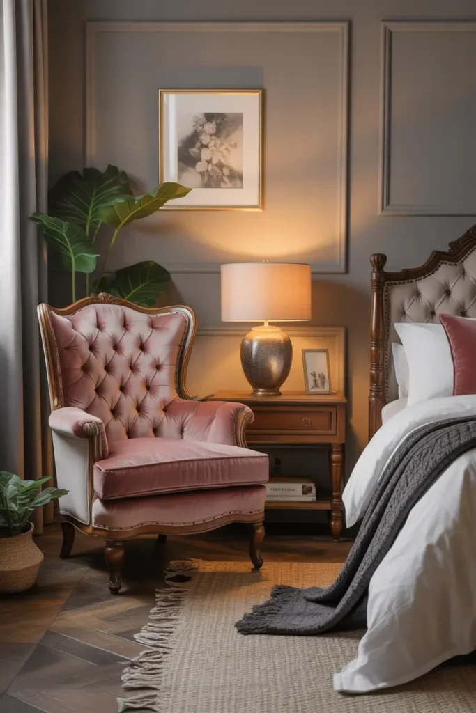 A wooden canopy bed draped with sheer fabric creates romance and antique charm.