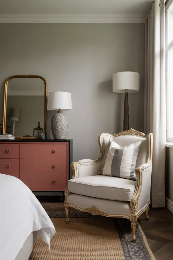 A unique vintage armchair and a bold dresser creating a statement in a stylish master bedroom.