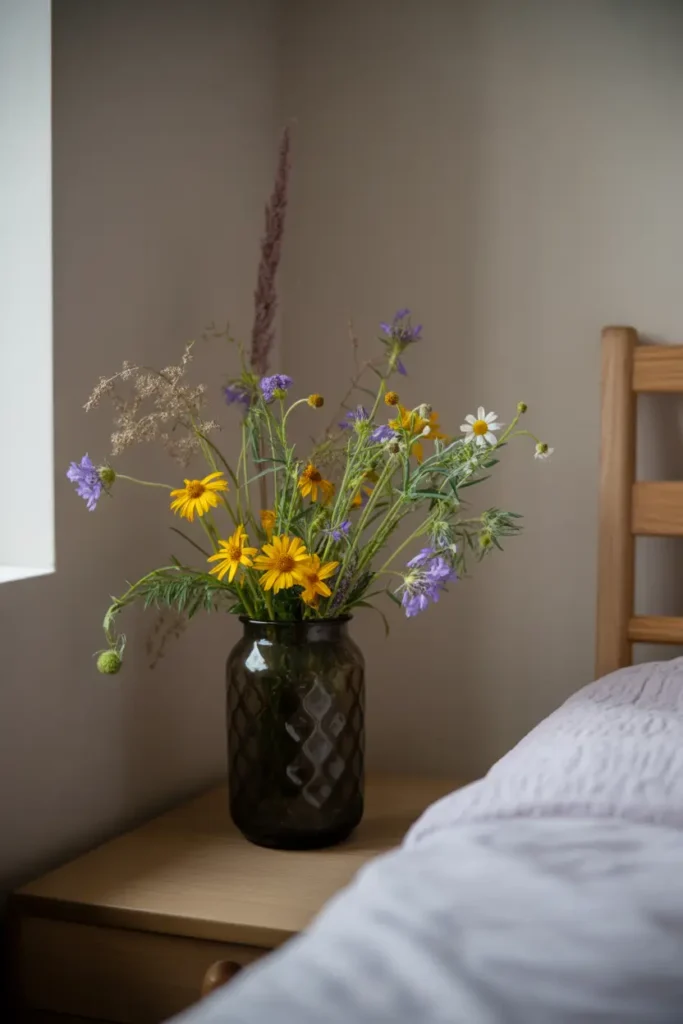 A vase filled with wildflowers placed on a bedside table, bringing nature into the room.