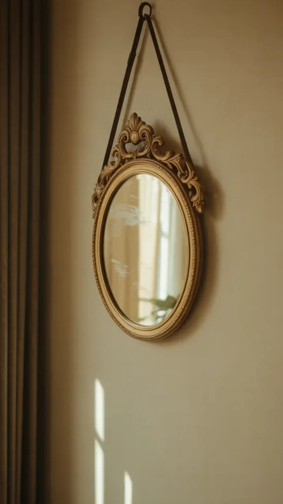 A vintage-style mirror with a gold frame hanging on the wall, reflecting soft lighting.