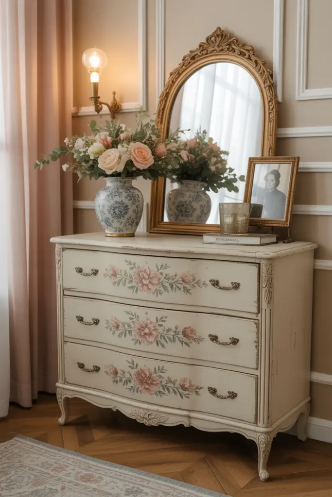 A vintage wooden dresser with floral accents, bringing timeless charm to the room.