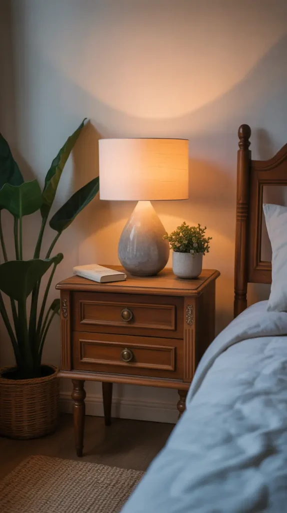 A vintage wooden nightstand with soft, glowing lamp and small plants.