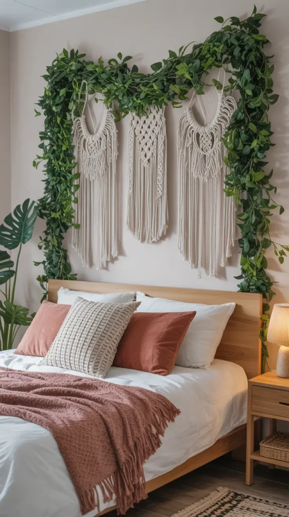  A wall display combining macramé hangings with trailing greenery creates a vibrant Boho bedroom aesthetic. Textures and natural tones enhance intimacy and comfort.
