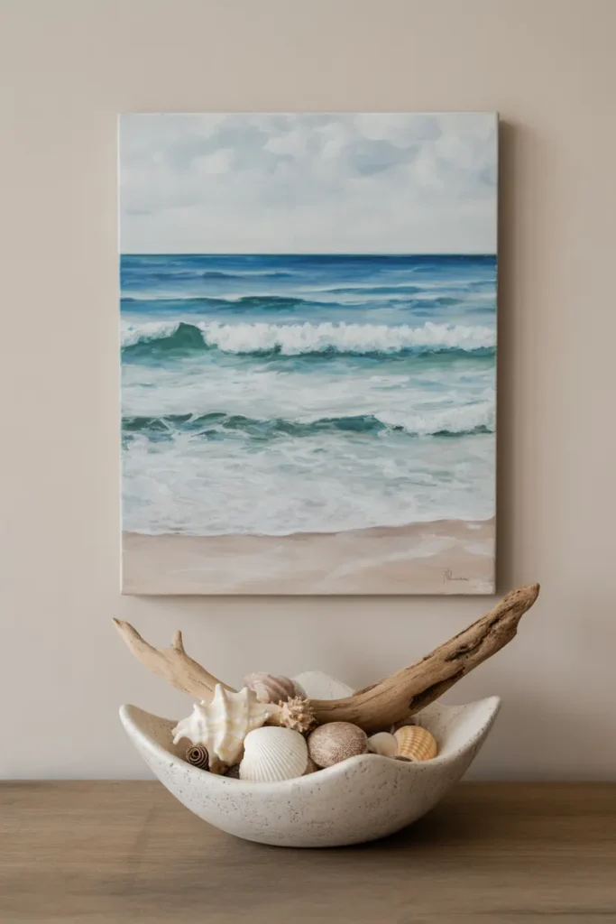 Beach-inspired art on the wall with seashells and driftwood in a coastal living room.