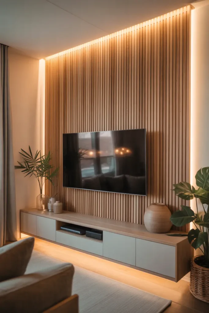 A marble accent wall behind the bed, with complementary marble side tables.