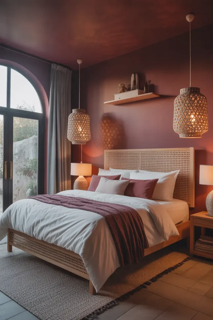  A wine-colored bedroom accented with hanging lanterns delivers a romantic and moody aesthetic for couples.