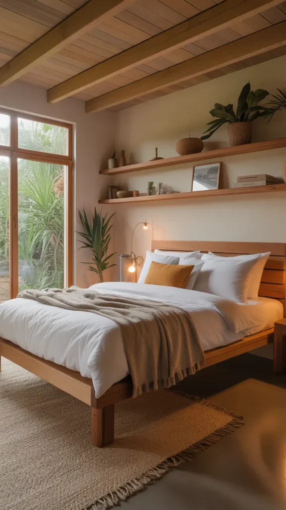 A wooden bed frame and natural wood accents like shelving, creating an earthy feel.