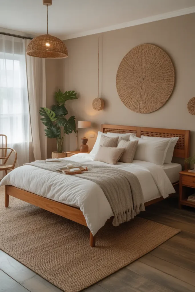 A wooden bed frame and wooden accents in the decor of a master bedroom, creating a warm, inviting atmosphere
