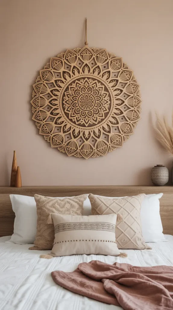 A wooden mandala wall hanging adds natural artistry and intricate patterns to a Boho bedroom wall.