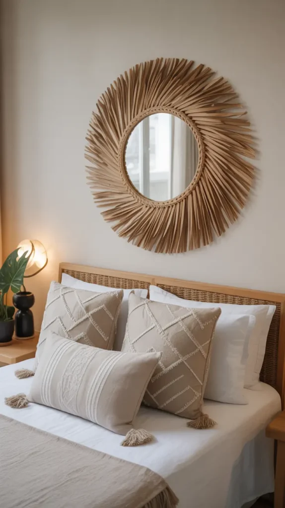  A woven mirror adds reflection, texture, and Boho aesthetic charm to a bedroom wall.