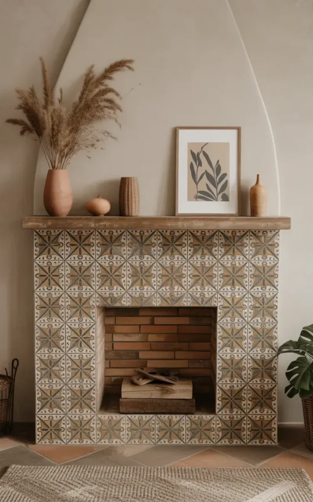 A Mediterranean-style fireplace or feature wall adorned with colorful decorative tiles, showcasing intricate patterns and earthy tones.