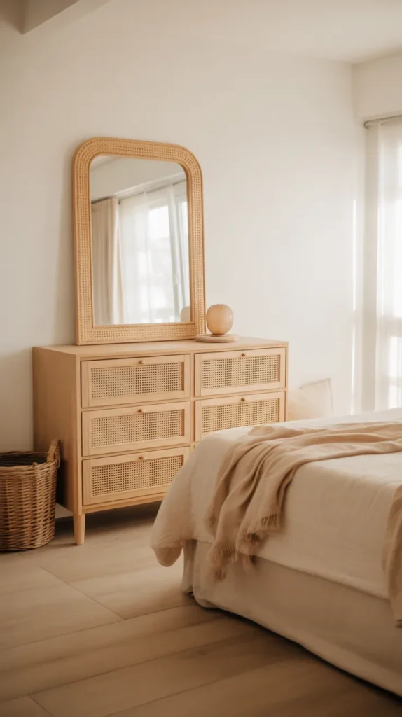 Airy bedroom with a cane-framed mirror above a light wood dresser, white walls, cream bedding, woven basket, pale oak floors, soft daylight from sheer windows, minimal natural decor, warm neutral palette, relaxed coastal-boho style, uncluttered layout, eye-level view showing dresser and bed corner.