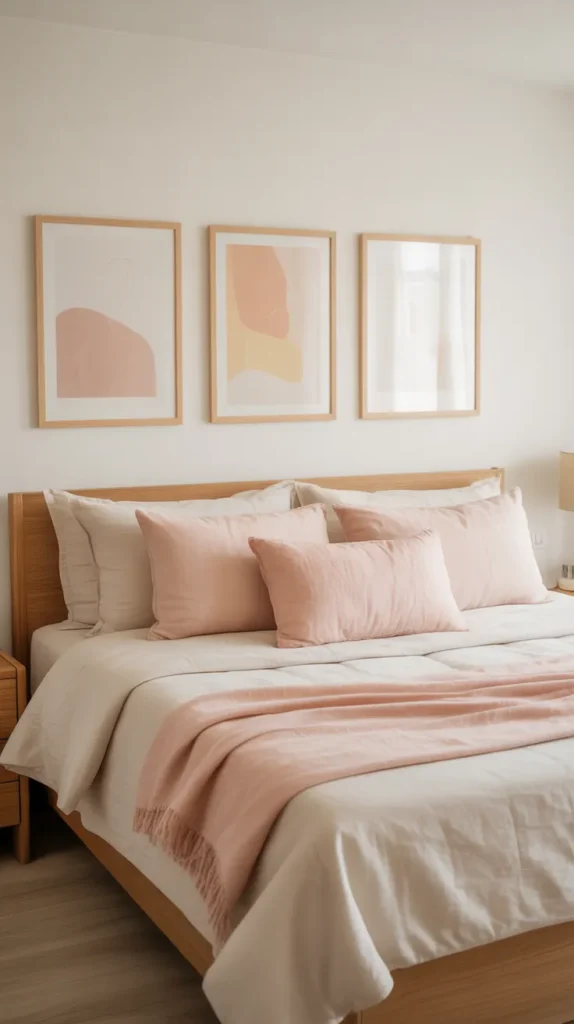 Airy bedroom with blush, peach, and soft yellow pastel wall art above a white bed, light oak frames, cream bedding, pale pink throw, white walls, warm natural daylight, subtle abstract prints, minimal styling, light wood floor, clean feminine layout, straight-on eye-level perspective centered on the bed wall.