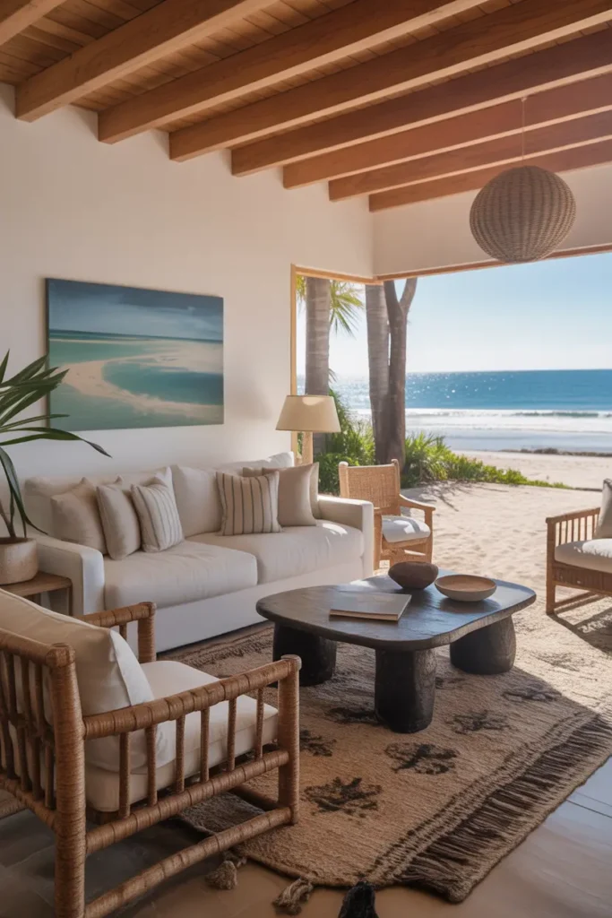 Eco-friendly beach house living room with sustainable furniture and natural materials.