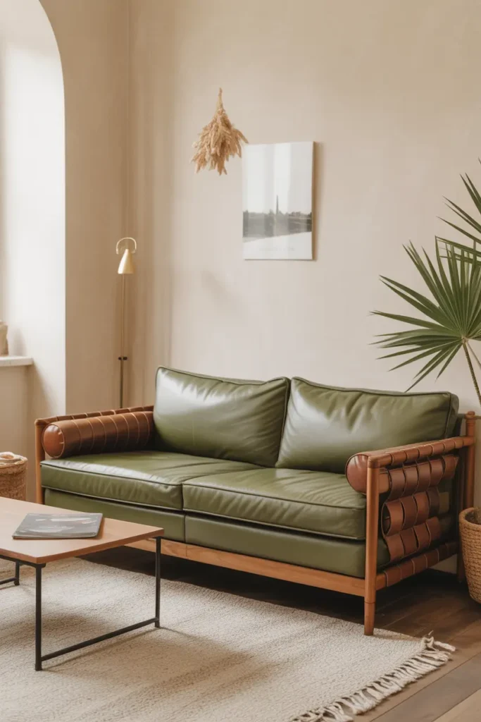 An olive green couch featuring leather details in the armrests and back cushions, adding texture to the space.