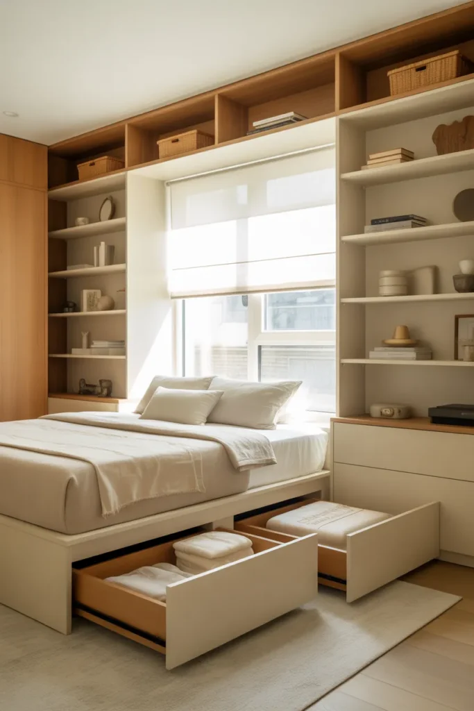 Bright bedroom with bamboo Roman shades over tall windows, white linen bedding, pale oak bed frame, cream walls, light wood floors, woven bench, soft filtered sunlight, airy neutral palette, relaxed coastal-boho style, uncluttered layout, eye-level view facing the bed and window wall.