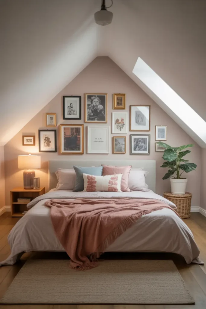 Attic bedroom with a gallery wall of frames, artwork, and personal photos over a cozy bed.