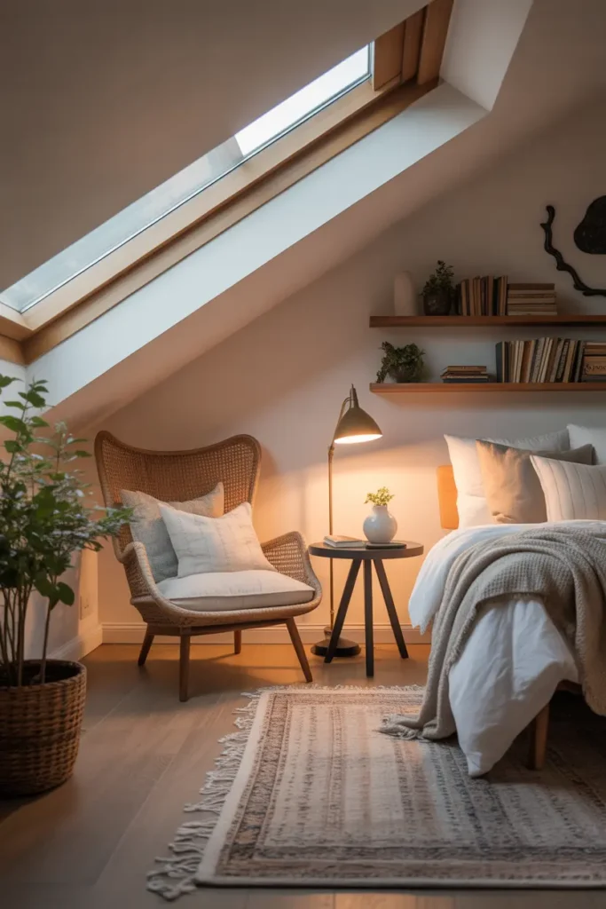 Attic bedroom with a skylight, cozy chair, rug, and side table for a serene reading space.