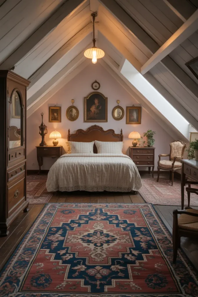 Attic bedroom with antique furniture, patterned rugs, and nostalgic decorative pieces.