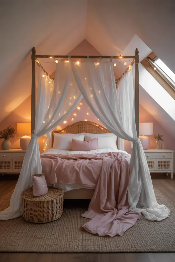 Attic bedroom with canopy bed, soft fairy lights, and pastel linens creating a romantic vibe.
