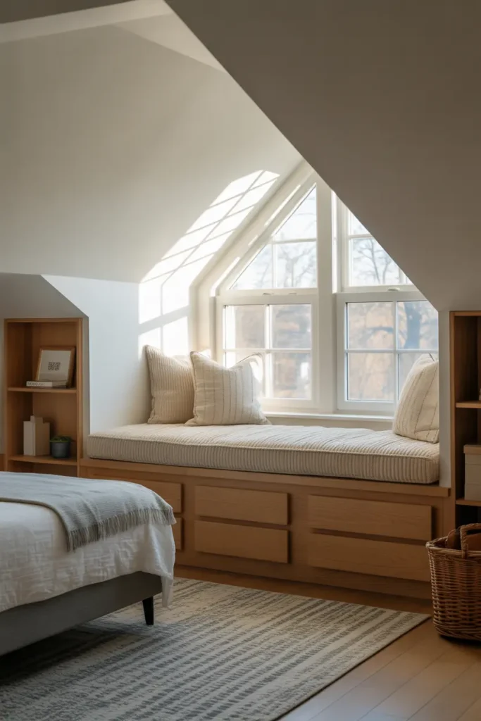 Attic bedroom with cushioned window seat, built-in drawers, and natural light creating a cozy corner.