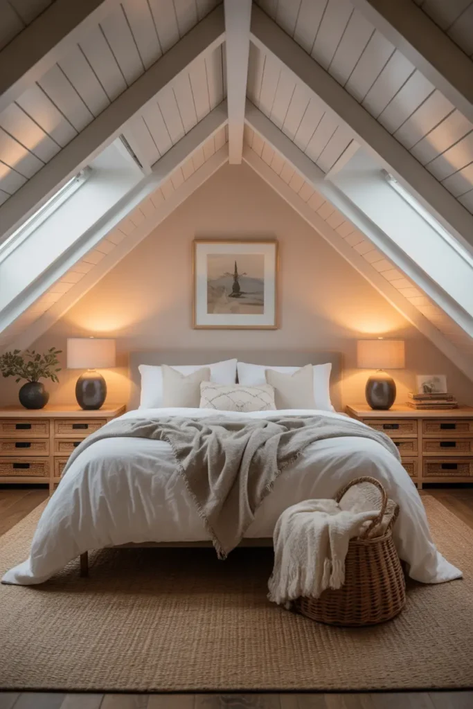 Attic bedroom with custom built-in drawers and cabinets under low eaves, decorated with cozy bedding and lamps.