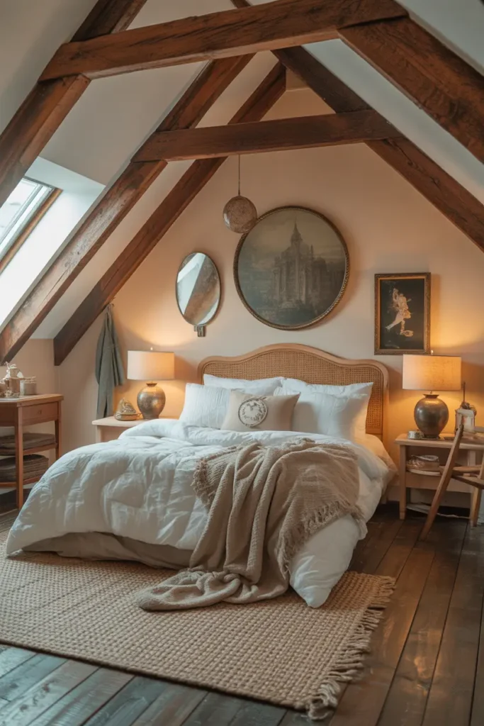  Attic bedroom with exposed wooden beams, neutral walls, cozy bedding, and vintage decor accents.