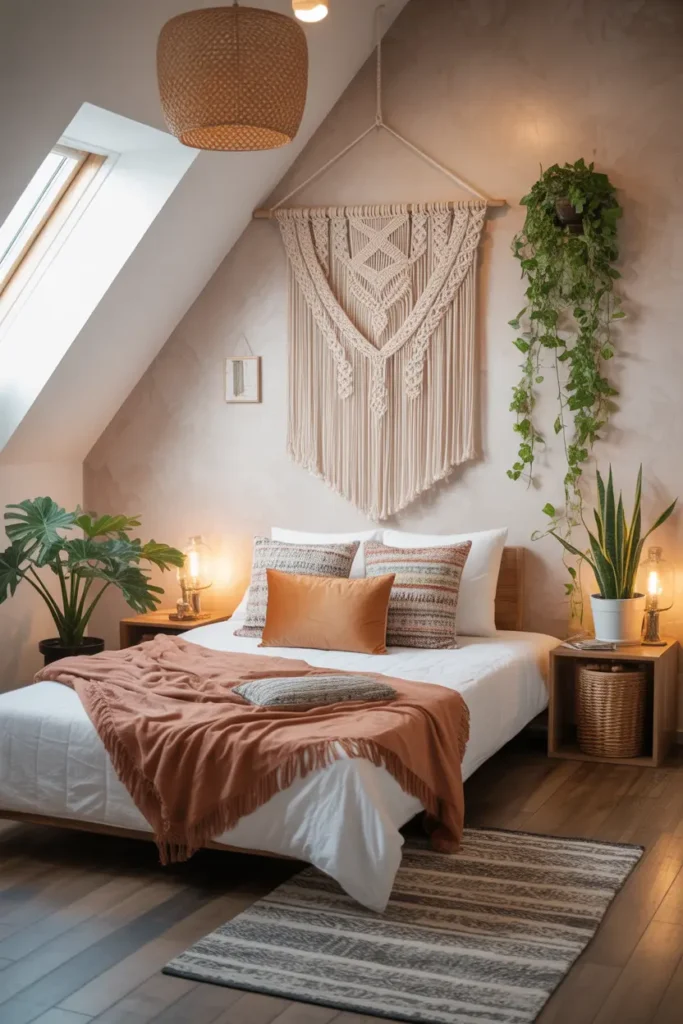 Attic bedroom with macrame wall hangings, patterned textiles, plants, and colorful cushions.