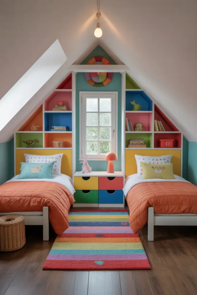  Attic bedroom with two twin beds, colorful decor, and playful storage solutions for children.