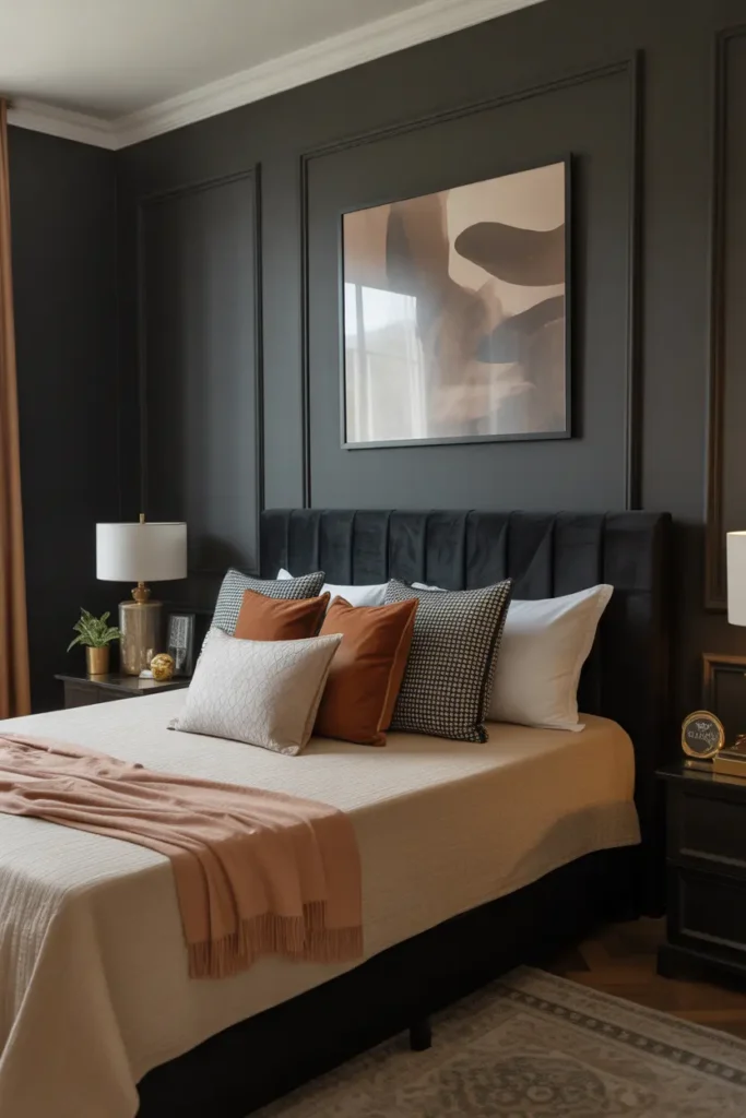 Black velvet headboard paired with dark walls creates a bold and intimate bedroom atmosphere for couples.