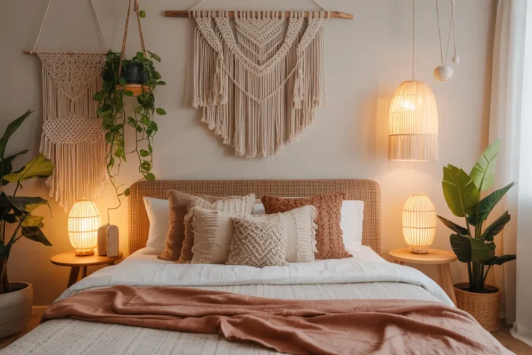 A Boho bedroom wall with macramé hangings, woven tapestries, layered textiles, hanging plants, and cozy bedding. Earthy tones, eclectic prints, and natural textures create a warm, free-spirited, and artistic bedroom aesthetic.