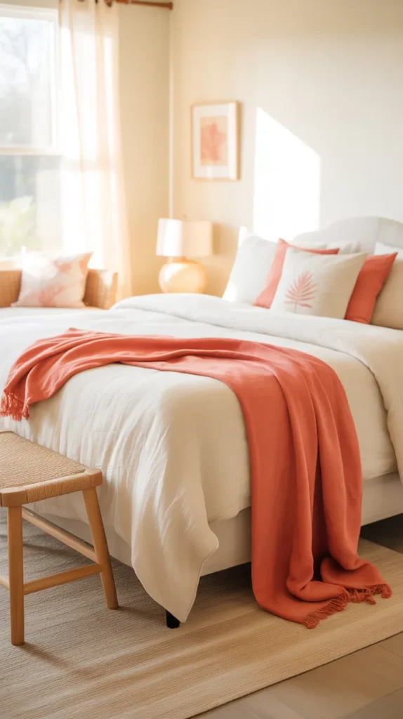 Bright bedroom with a coral throw draped across white linen bedding, pale wood bed frame, beige rug, woven bench, soft cream walls, natural daylight, small coral artwork, airy curtains, warm cheerful palette, clean coastal styling, uncluttered layout, eye-level view facing the bed.
