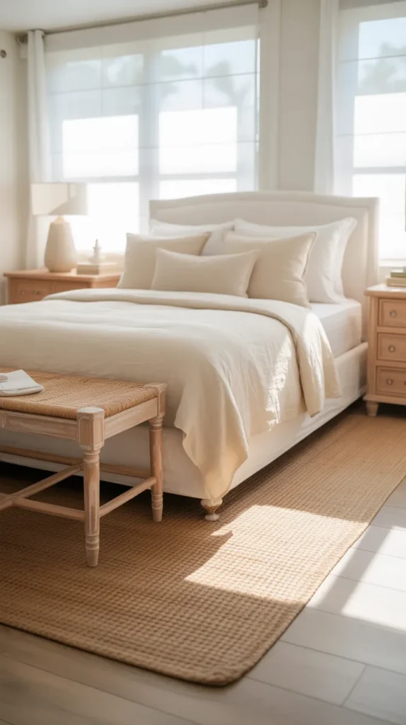  Bright summer bedroom with a natural seagrass rug under a white upholstered bed, pale oak nightstands, cream linen bedding, soft sunlight from sheer windows, white walls, light wood floors, woven textures, open airy layout, coastal-neutral palette, clean relaxed styling, eye-level view from the foot of the bed.